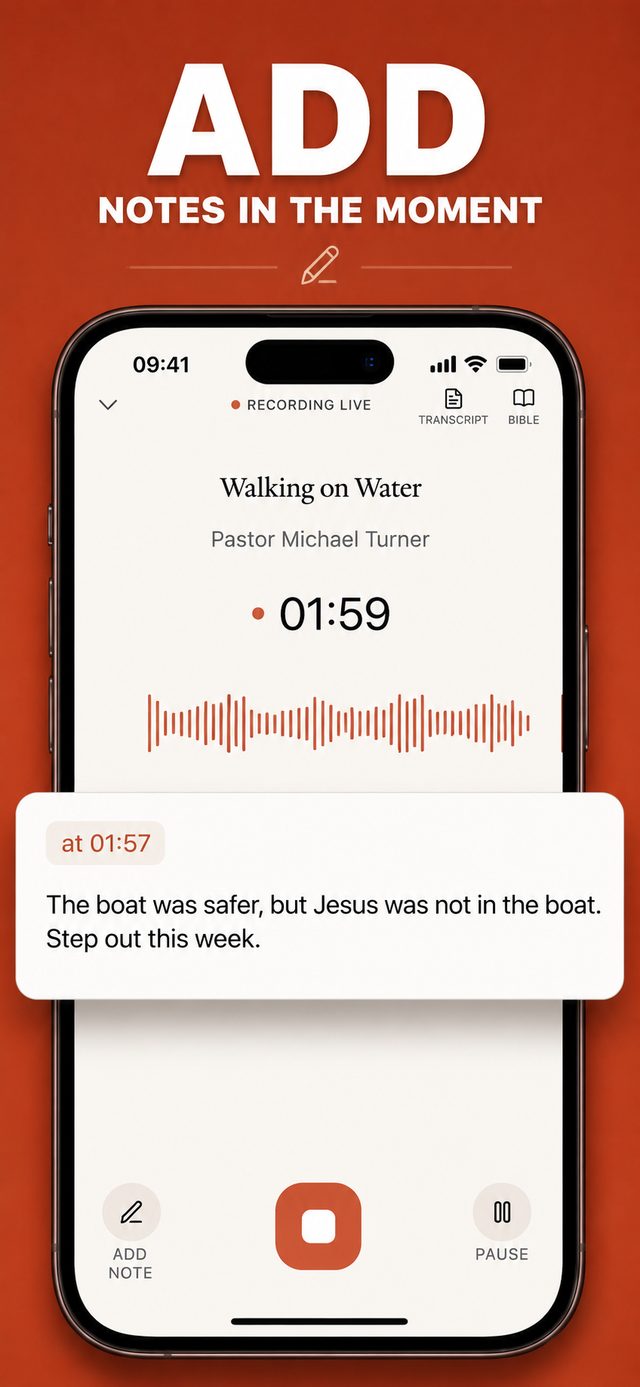A timestamped personal note added during a live sermon recording