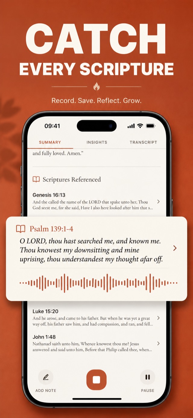Scripture chips detected live during a sermon, each one a tappable Bible reference
