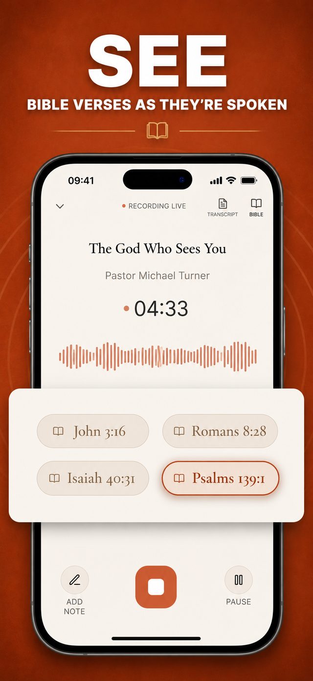 Recording screen with a live waveform and Bible verse chips appearing as they are spoken